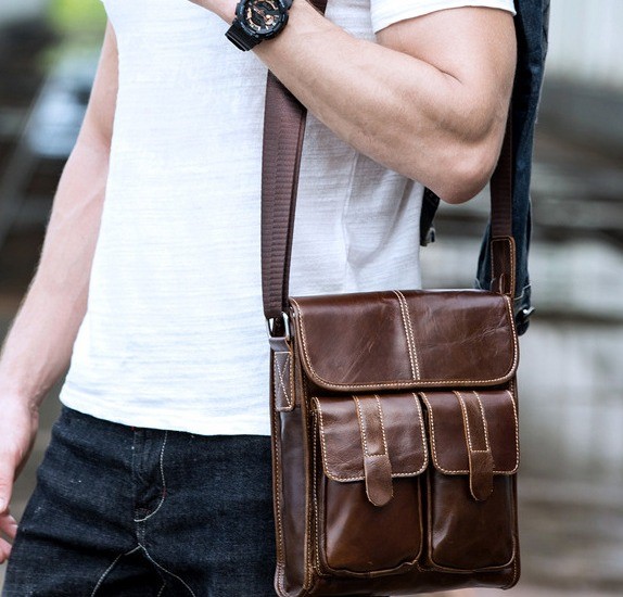 Genuine leather dark coffee color crossbody shoulder messenger bag with ...