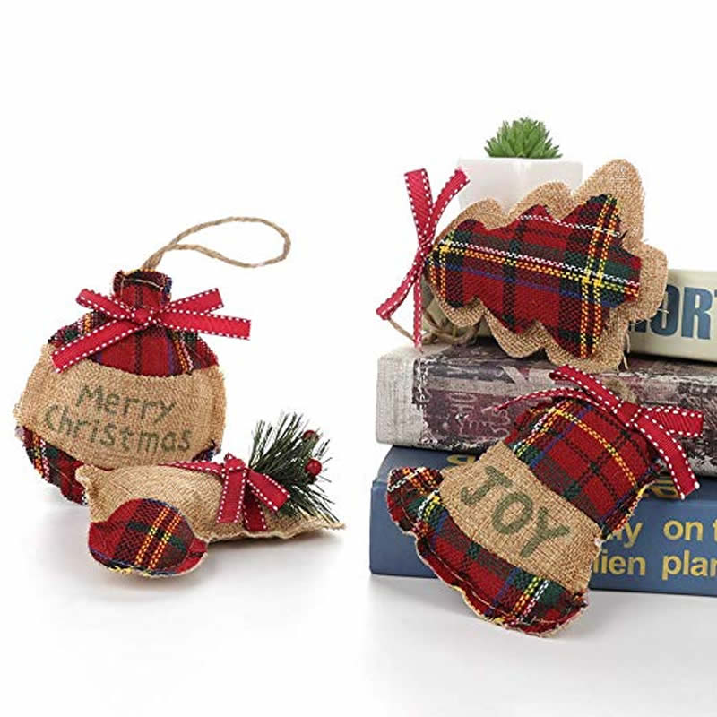Handmade plaid and burlap stuffed Christmas tree ornaments 4 pack - Image 2