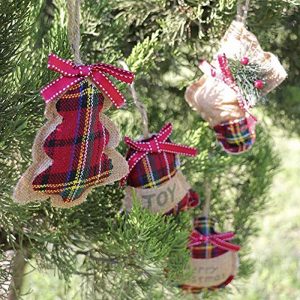 Handmade plaid and burlap stuffed Christmas tree ornaments 4 pack